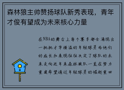 森林狼主帅赞扬球队新秀表现，青年才俊有望成为未来核心力量