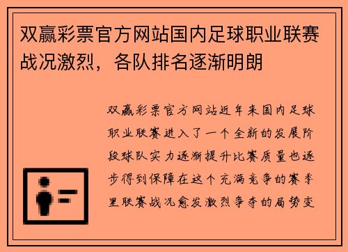 双赢彩票官方网站国内足球职业联赛战况激烈，各队排名逐渐明朗